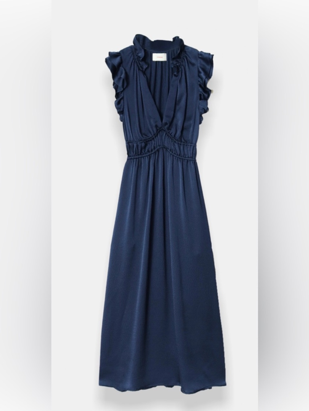 XiRENA Navy Posey Hammered Silk Ruffle V-Neck Dress Size S